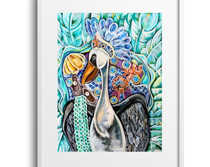 Pelican As A Mardi Gras Maid, Maximalist Colorful and Vibrant, Fun Art Print, For Kids or Bold Decor on Paper, Canvas, or Matte, Sizes Vary