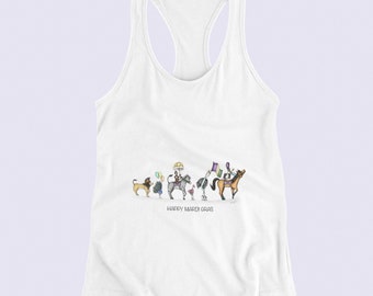 Happy Mardi Gras | Women's Ideal Racerback Tank | Various Sizes | White Background with Second Line Animals