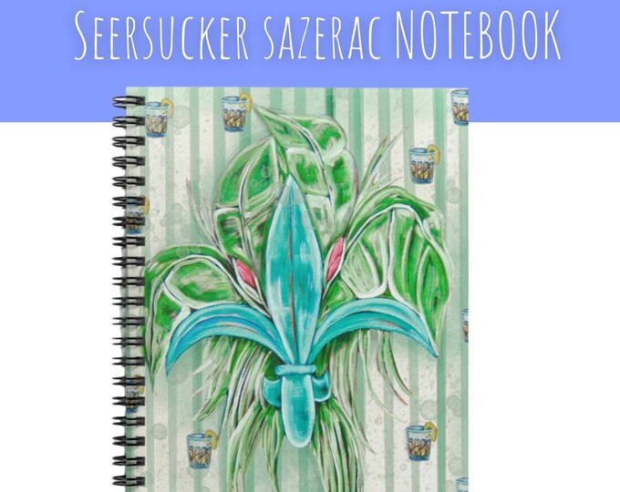 Seersucker Sazerac - Ruled Line Spiral Notebook with Teal Fleur De Lis and Sazerac Cocktails on Blue Seersucker