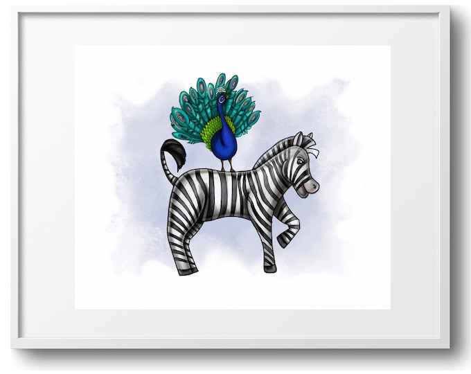 Zebra and Peacock In Watercolor, Cute Children's Wall Art, Various Reproduction Sizes,  Horizontal Print on Paper, Canvas, or Matted Print