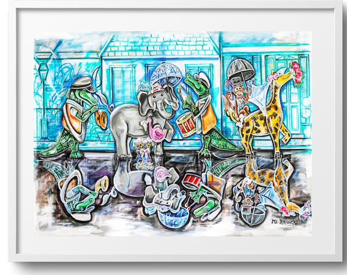 Nawlins Wedding March, Parading Animals Wall Art, New Orleans Wedding Gift, Second Line Decor on Canvas, Paper, or Matted Print, Sizes Vary