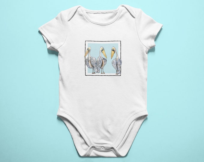 Three Pelicans | Baby Short Sleeve Onesie | Various Sizes