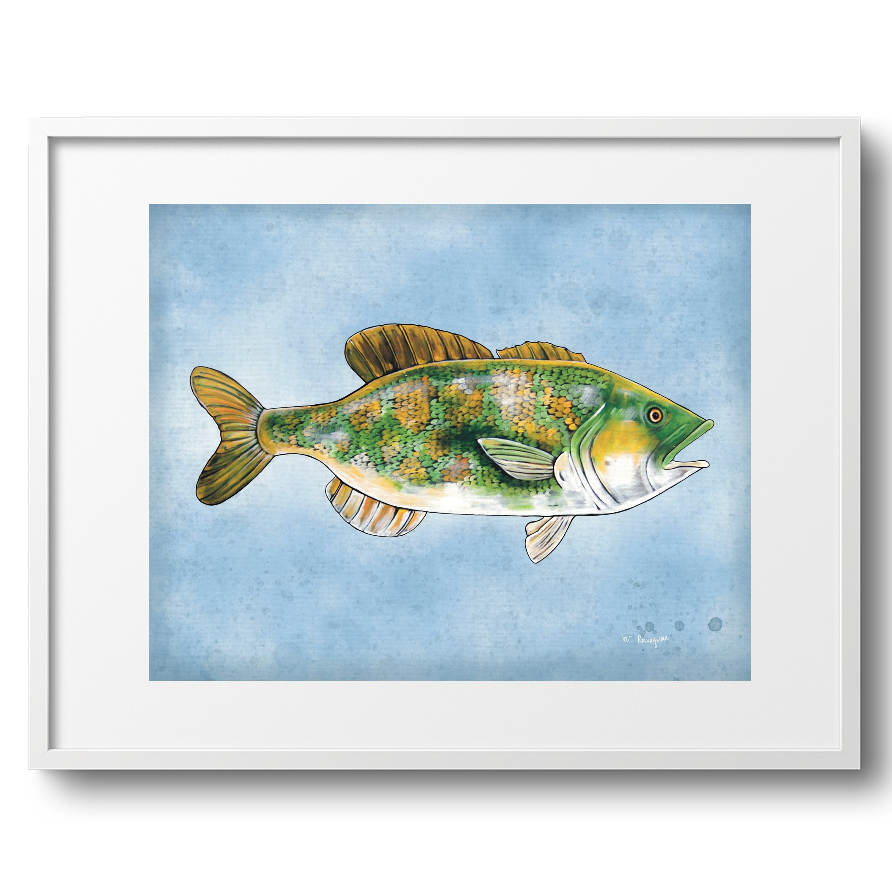 Bass Swimming, Nautical Fish Fine Art Decor on Paper, Canvas, or
