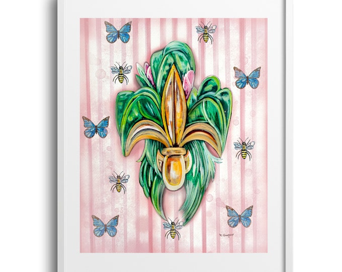 Seersucker Pink - Gold Fleur de Lis Banana Leaves Fine Art Print, Bees, Butterflies Paris Inspired Wall Art, Vintage Wall Art, Sizes Vary