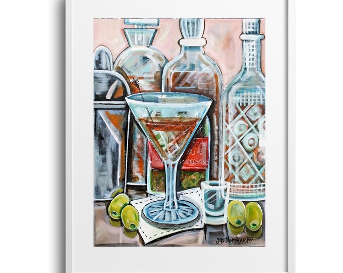 Blush Dirty Martini and Olive in Crystal Glass Fine Art Print, Martini Print on Canvas or Paper, Orginial Acrylic Painting, Sizes Vary