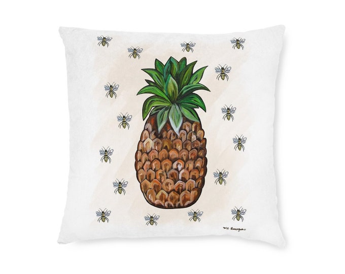 Pineapple & Honey Bee Square Pillow | Pink Back | Various Sizes | Home Decor