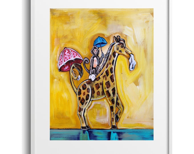 Monkey and Giraffe Second Line, Parading Animal Second Line Children's Wall Art, Various Reproduction Sizes, Print on Paper, Canvas, Matte