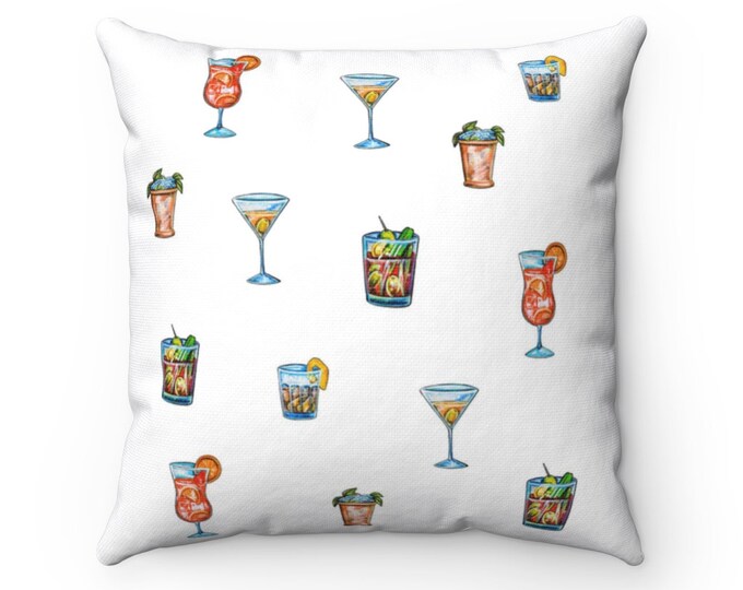 Cocktail Pattern | Spun Polyester Square Pillow | Various Sizes | Martini, Hurricane, Sazerac, Bloody Mary, and Mint Julep