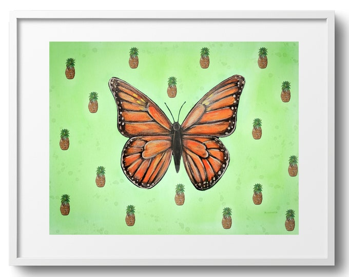 Butterfly and Pineapples, Fine Art Decor on Paper, Canvas, or Matted Print, Various Sizes, Bright Colors, Maximalist Wall Art, Bright Color