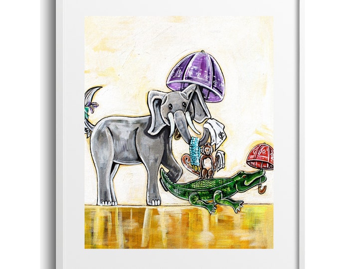 Safari Second Line, Parading Animal Second Line Children's Wall Art, Various Reproduction Sizes, Print on Paper, Canvas, Matte