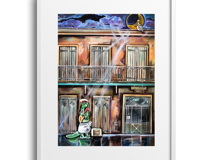 Moonlight Jazz, New Orleans Inspired Jazz Music Wall Art, Various Sizes on Paper, Canvas, or Matte, Preservation Hall Landmark Print