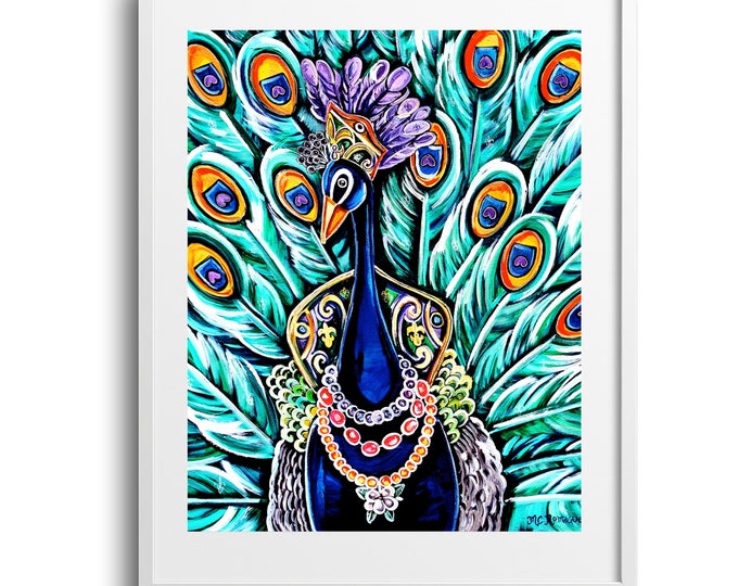 Peacock Mardi Gras Maid, Maximalist Wall Art, Colorful and Vibrant Print, on Paper, Canvas or Matte, Sizes Vary