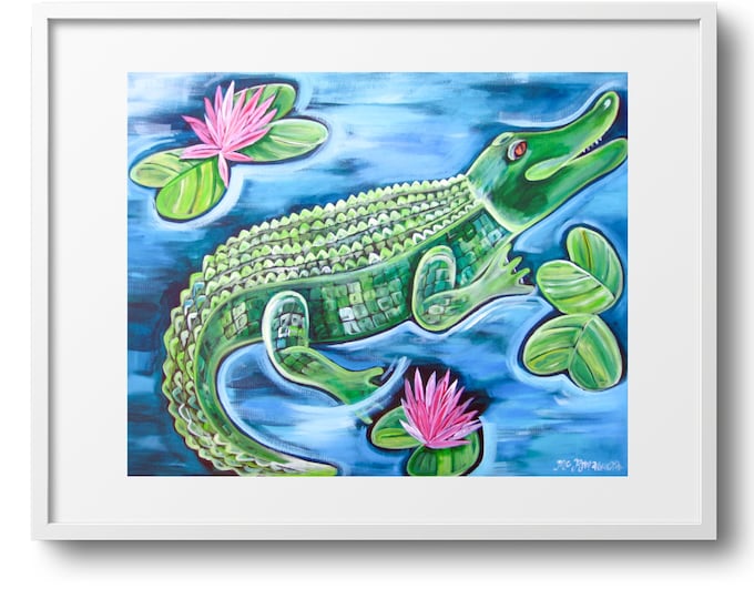 Gators and Lilly Pads, Marine Life Vibrant Art, Coastal Living Room, Bedroom, or Bathroom Decor, Fine Art Print on Canvas, Paper, or Matte