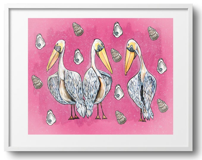 Pelicans In Pink, Vibrant Pink Background with Oysters Kitchen Wall Art and Decor on Canvas, Paper, or Matte, Marine Life Art, Various Sizes