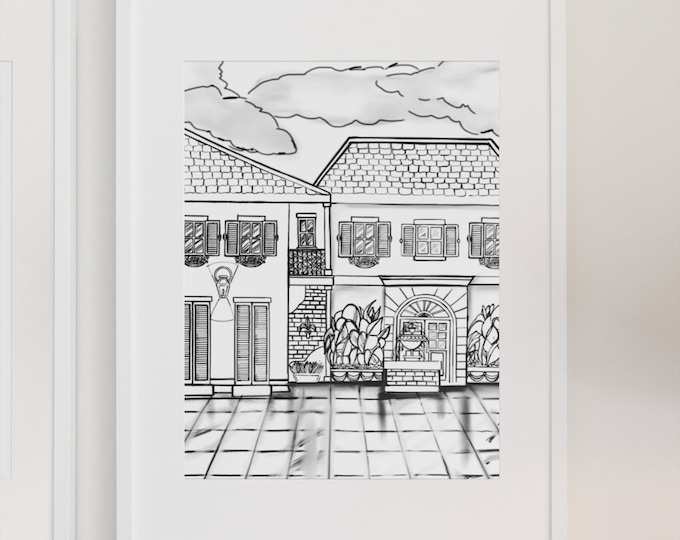 Courtyard Sketch  |  Historic Architecture | Wall Art | DIY Print JPEG | Modern Decor | Instant Download | Digital Wall Art