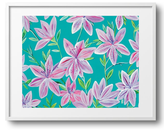 Pink Azalea in Teal, Pattern Flower Artwork Kitchen Wall Art and Decor on Canvas, Paper, or Matte, Various Sizes