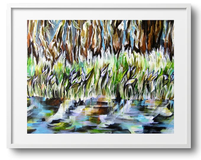 Riverbank Reflections Wall Art, Fine Art Decor on Paper, Canvas, or Matted Print, Various Sizes, Bright Colors, Water Landscape Art