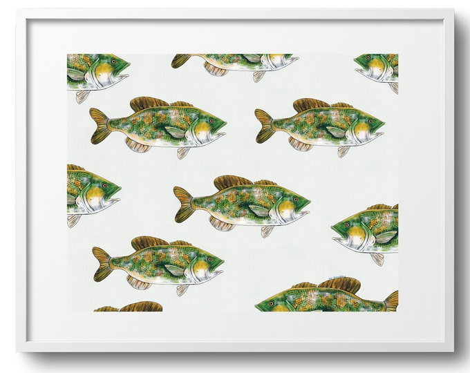 Bass Below, Nautical Fish Fine Art Decor on Paper, Canvas, or Matted Print, Various Sizes, Bright Colors, Gift For Dad