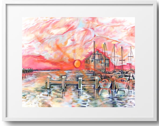 Lakeview Sunrise, New Orleans Landmark Map, Wall Art or Canvas Print, Bright Colors, Nola Decor, Sailboat Sunrise, Sizes Vary