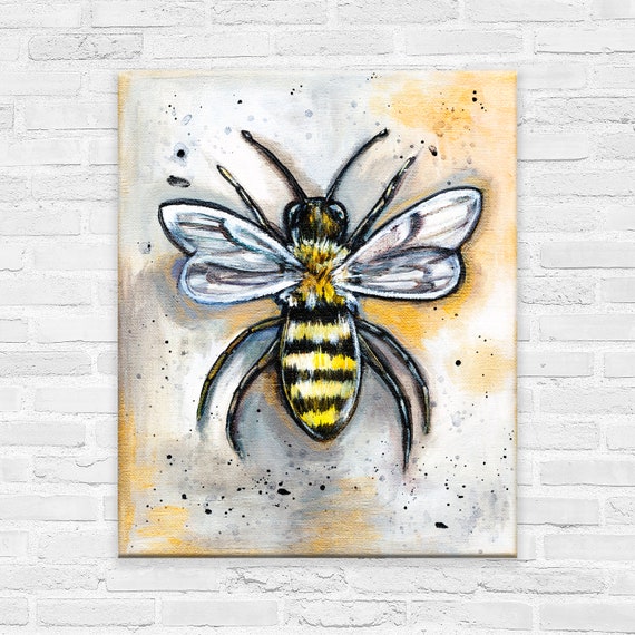 Study Of A Bee | Acrylic on Canvas | Original Art | 8" by 10" canvas | Honey Bee Art or Decor | Neutral Color & Gold | Gloss Finish