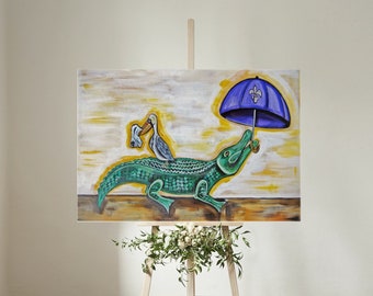 Alligator & Pelican  Parading | Various Sizes | Children's - Nursery Art | Home Decor | Canvas Gallery Wrap | Wall Art | Reproduction