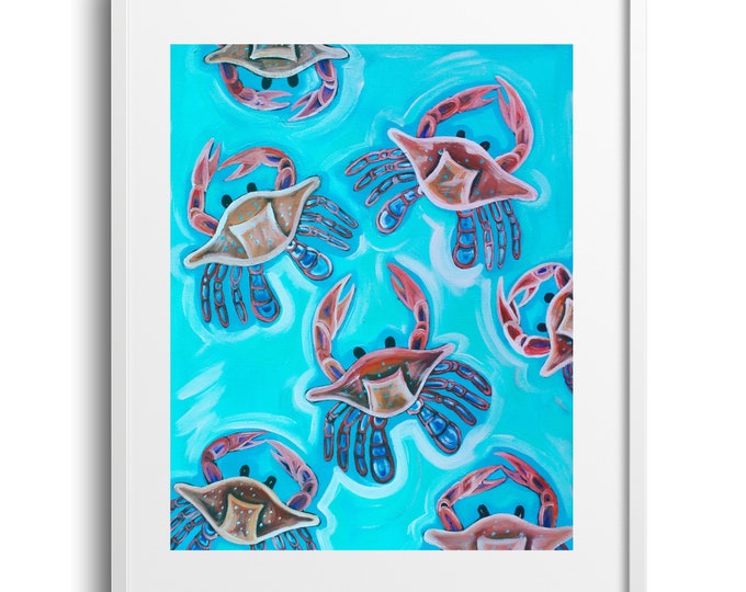 Crabs At Play, Vibrant Blue Crab Kitchen Wall Art and Decor on Canvas, Paper, or Matte, Marine Life Art, Various Sizes