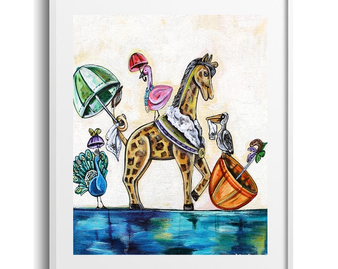 Happy Second Line, Parading Animal Second Line Children's Wall Art, Various Reproduction Sizes, Print on Paper, Canvas, Matte