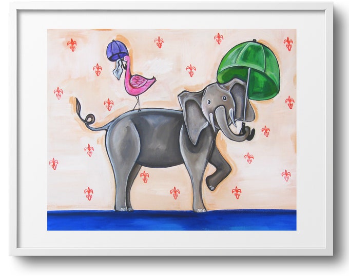 Flamingo & Elephant Second Line | Premium Matte Print | Various Sizes | Children Art | Nursery Wall Decor | Reproduction | Unframed