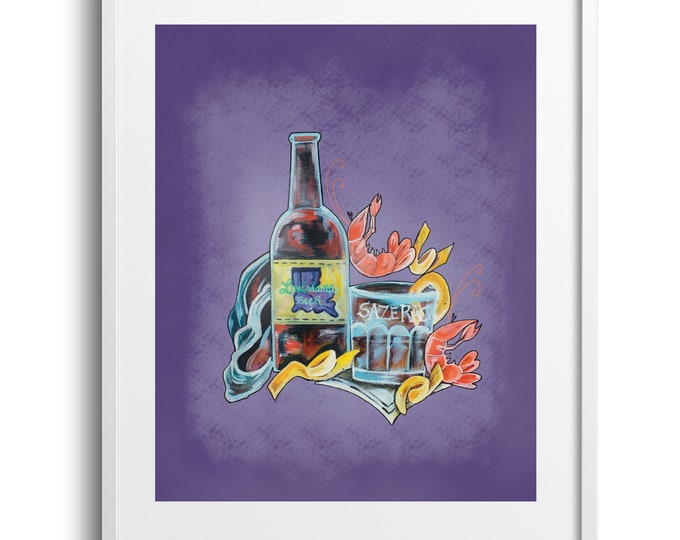 Tales of Taste In Purple on Canvas,Print, Matte, Cocktail, Oyster, Beer, Louisiana Theme, Kitchen Wall Art Decor, Sizes Vary