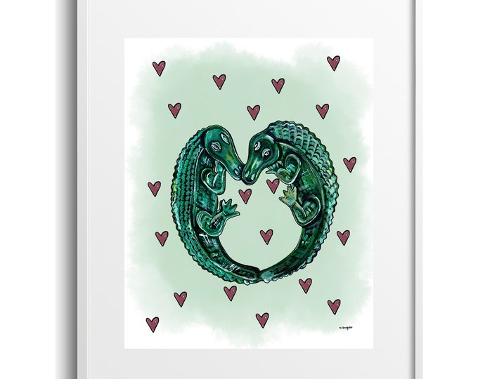 Alligator Heart Watercolor - Baby Print with Heart Accents on Canvas, Paper, or Matted Print, Various Sizes