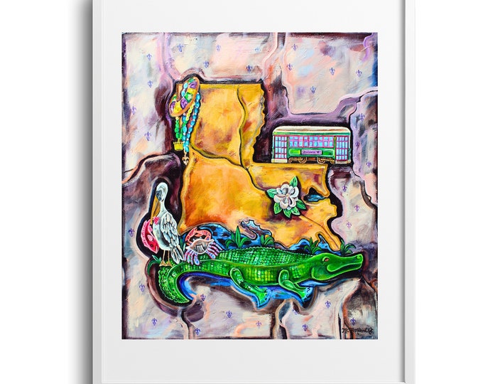 Louisiana, Louisiana Theme Wall Art Decor, Various Sizes on Paper, Canvas, or Matted Print, Cajun Art, Bright Colors