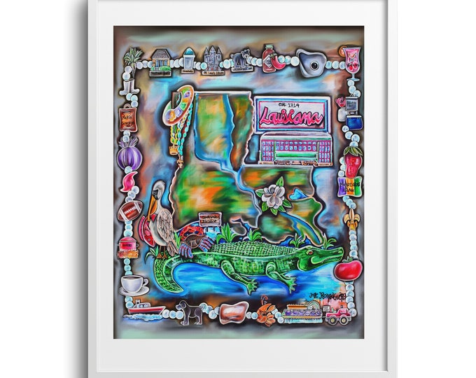 Louisiana State of Mine, Cajun Theme Wall Art, Various Sizes on Paper, Canvas, or Matted Print, New Orleans Art, Mardi Gras Beads Theme