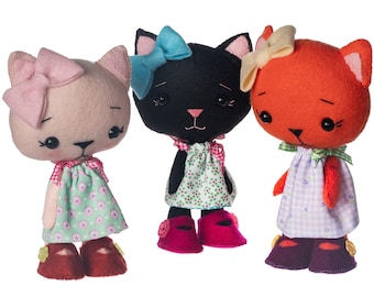 Flora the Explorer Kitten plushies in 3 colours Handmade in pure Wool Felt with reversible dress special gift birthday gift Home Decor