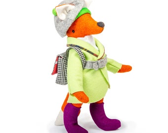 Flynn the Fox plush toy with backpack hand made in pure Wool Felt, a unique heirloom gift, Home and Nursery Decor, Woodland theme decor