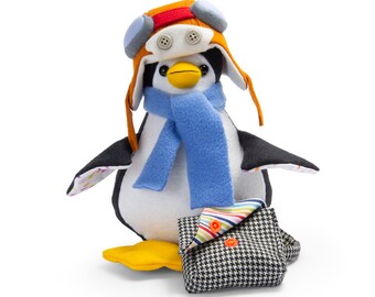 Penguin plushy Ambrose the Aviator with helmet goggles & bag, hand made in pure Wool Felt a very special gift for Nursery Decor Flying theme