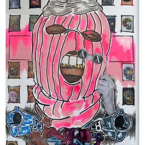 May include: A pink and white ski mask with a cherry on top, holding a pair of binoculars and two guns. The background is a white canvas with a pink cross and a grid of small images.