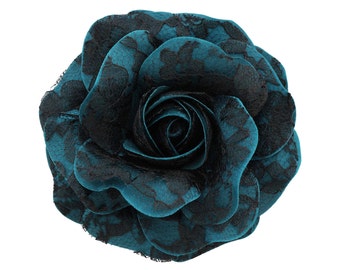 Women's Black Lace Rose _ Hair Clip and Brooch Pin _3.75 inches (9.5 cm)_ Teal