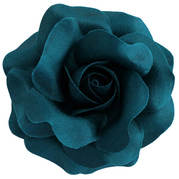 Women's Rose_ Hair Flower Clip and Brooch Pin _ 3.75 inches (9.5 cm)_ Teal
