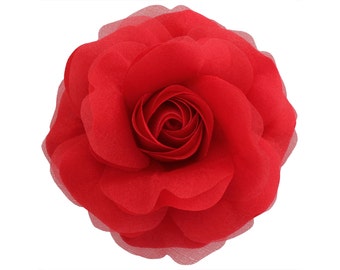 Rosa de nieve roja para mujer, broche y pasador para el pelo, accesorio floral de tela hecho a mano, flor para el pelo de novia, rosa de tela estilo vintage, 9,5 cm