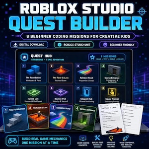 May include: Roblox Studio Quest Builder digital download featuring 8 beginner coding missions. The interface displays a Quest Hub with 8 distinct game development tasks, including The Foundation, The Floor Is Lava, and Rainbow Road, with printed mission cards and build checklists.