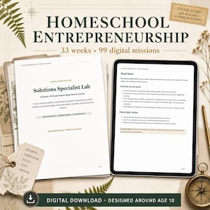 Peut inclure: Guide pédagogique numérique Homeschool Entrepreneurship avec 33 semaines et 99 missions. Comprend une page de couverture imprimée intitulée Solutions Specialist Lab et une tablette affichant les instructions, avec une boussole et des motifs botaniques.