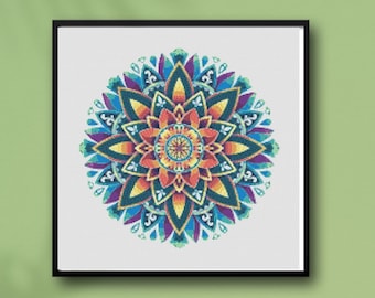 Padrão de ponto cruz de mandala retrô Sunburst - download instantâneo de PDF