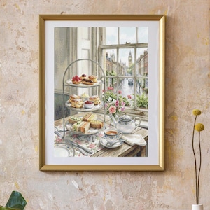 May include: A framed watercolour painting depicting a tea setting with cakes and a city view. The painting hangs above a wooden cabinet with vases and a plant, creating a vintage aesthetic.