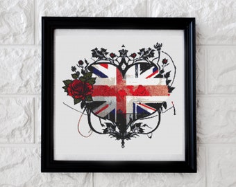 May include: A black framed cross-stitch embroidery featuring a heart-shaped Union Jack flag with red roses and black floral embellishments.