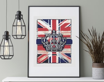 May include: A framed print of a distressed Union Jack flag with a crown in the center. The crown is silver and blue, and the flag is red, white, and blue.