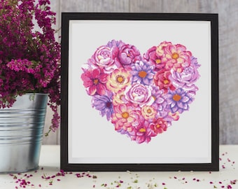 Flower Heart Cross Stitch Pattern