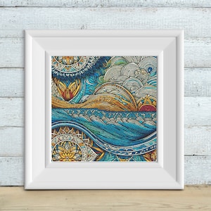 May include: A framed print featuring a colourful abstract design in shades of blue, yellow and red. The design evokes waves and clouds, with intricate patterns and swirls.