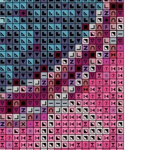 May include: A colorful pixel art design with a variety of shapes and colors, including pink, red, blue, and black. The design is titled "Counting the stars" and is made up of small squares.