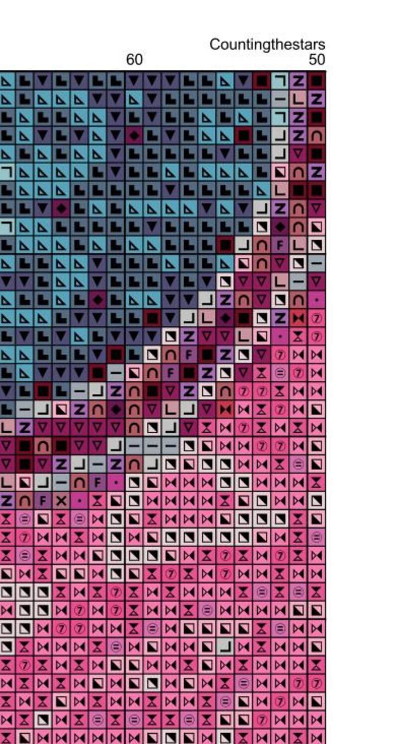 May include: A colorful pixel art design with a variety of shapes and colors, including pink, red, blue, and black. The design is titled "Counting the stars" and is made up of small squares.