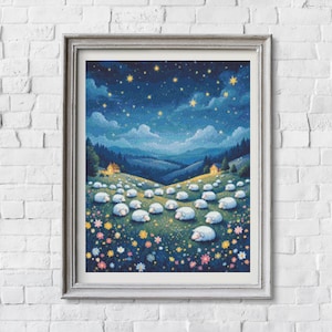 May include: A painting depicting a starry night sky with a field of sleeping sheep under a bright moon. The sheep are white and the field is green with wildflowers. The sky is blue with white stars.